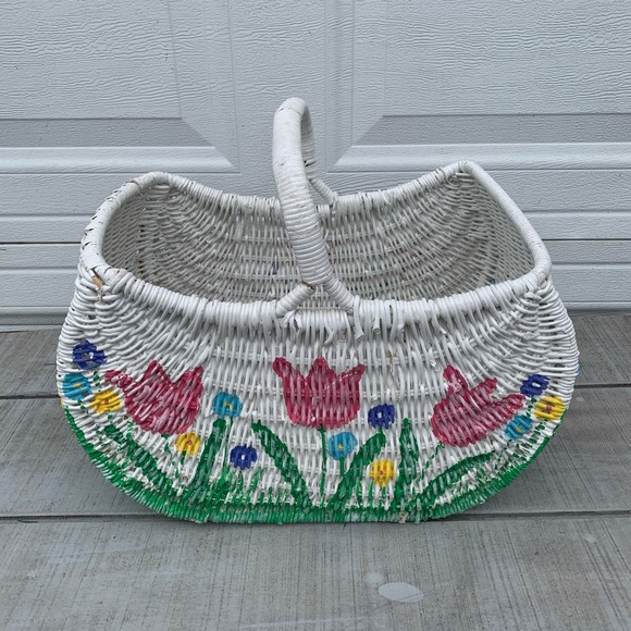 Vintage Half Moon White Wicker Basket Tote Hand Painted Tulips 17” Cottage core